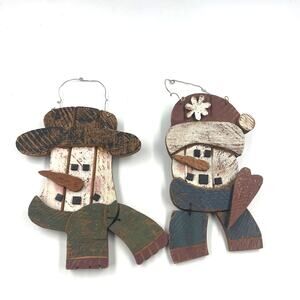 Vintage Primitive Handmade Look Snowmen Winter Wooden Wall Decor 2 Pieces